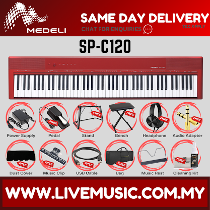 Red compact digital piano, front keyboard panel with accessory set shown