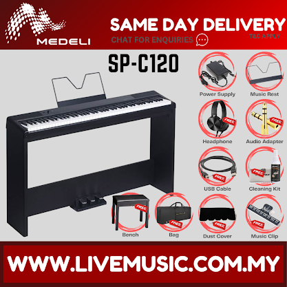 Black compact digital acoustic piano with keyboard, music rest, and included accessories