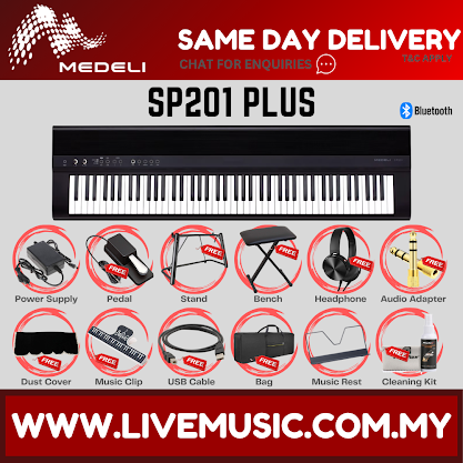 Slim 88-key black digital piano with Bluetooth, shown with included accessory set.