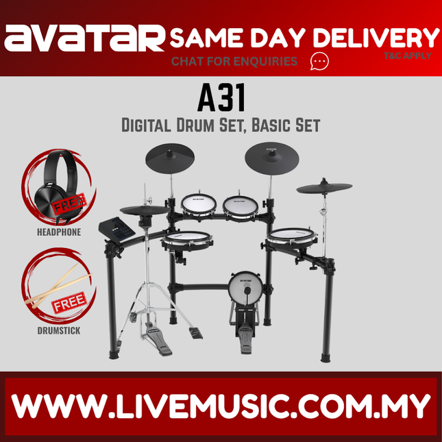 Black electric mesh digital drum kit with control module, drum pads, and cymbals