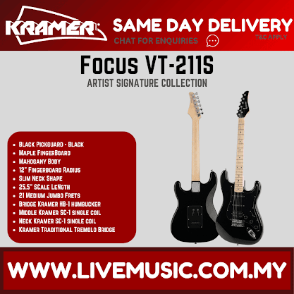 Black electric guitar with black pickguard and tremolo bridge, Maple neck