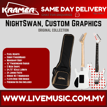 Kramer NightSwan Pixel Hearts Electric Guitar with Premium Gig Bag - Pearl White with Hearts
