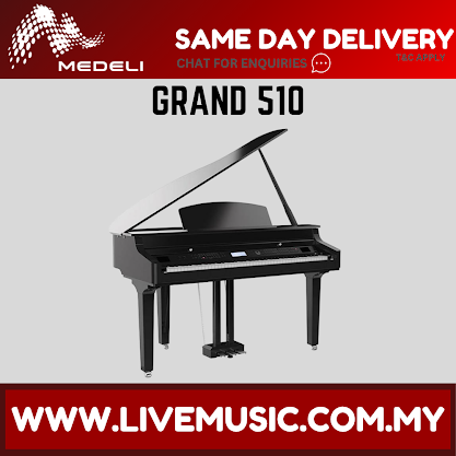 Glossy black digital grand 88-key piano with open lid