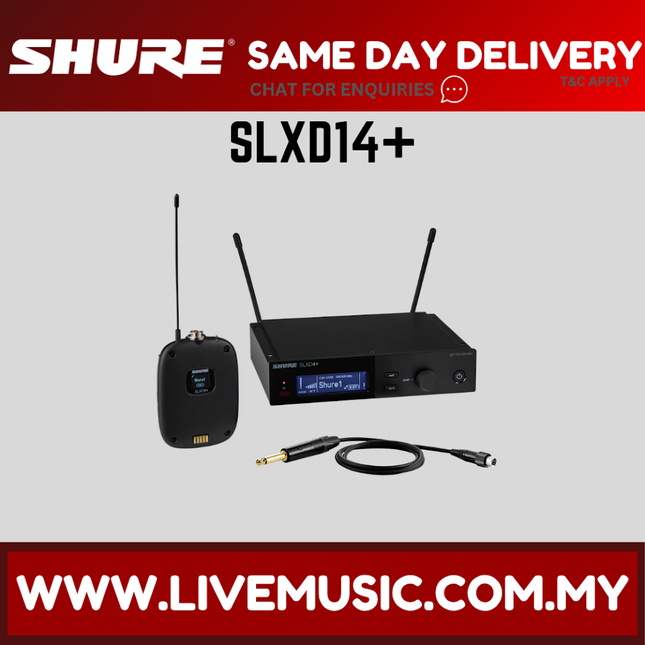 Shure SLXD14+ digital wireless bodypack system with transmitter, receiver, and cables