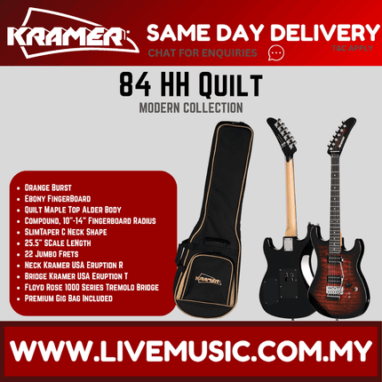 Kramer 84 HH Quilt Electric Guitar with Premium Gig Bag - Orange Burst