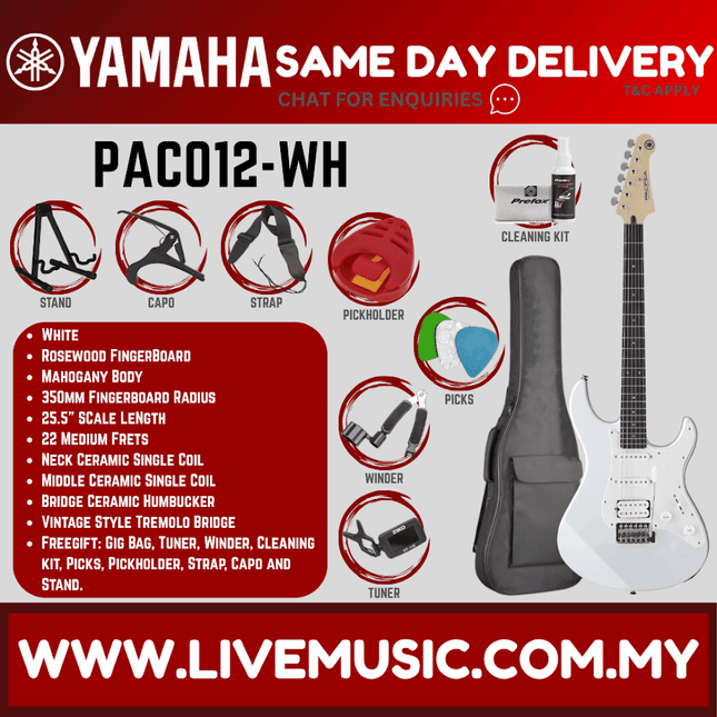 White electric guitar bundle with gig bag, cleaning kit, picks, tuner, stand