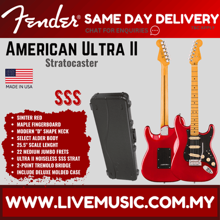 Fender American Ultra II Stratocaster Electric Guitar, Maple FB, Sinister Red / Avalanche / Solar Flare