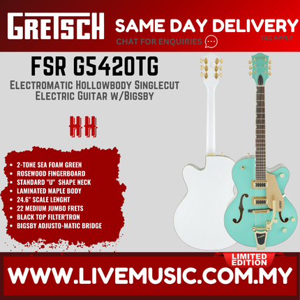 Gretsch FSR G5420TG Electromatic Hollowbody Singlecut Electric Guitar w/Bigsby, 2-Tone Sea Foam Green