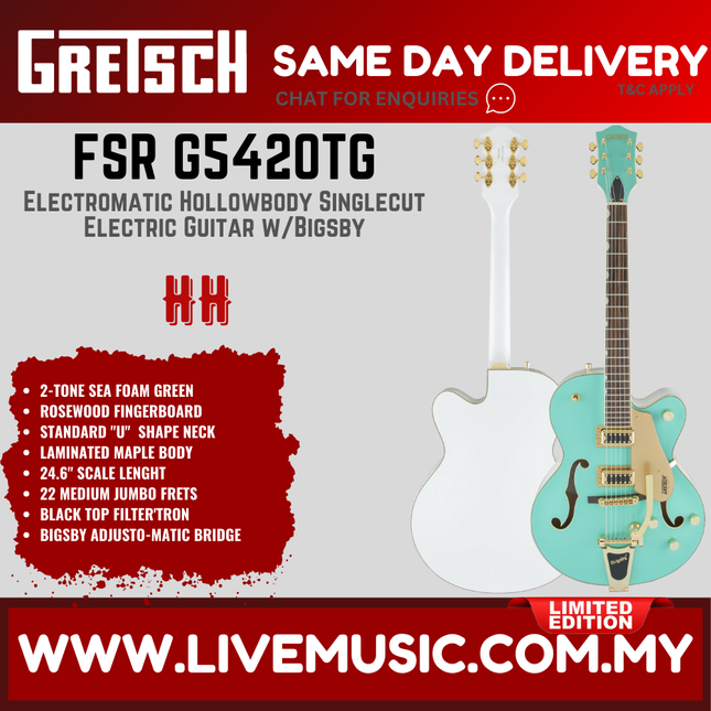 Gretsch FSR G5420TG Electromatic Hollowbody Singlecut Electric Guitar w/Bigsby, 2-Tone Sea Foam Green