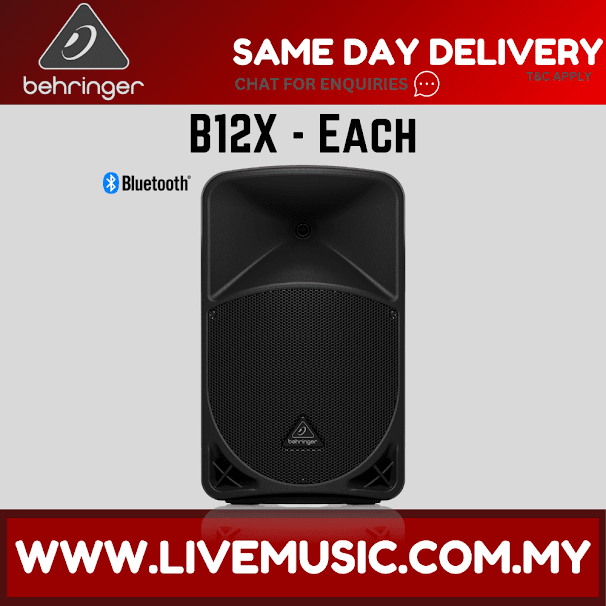 Behringer B12X powered speaker each, black 12-inch cabinet with Bluetooth, front view