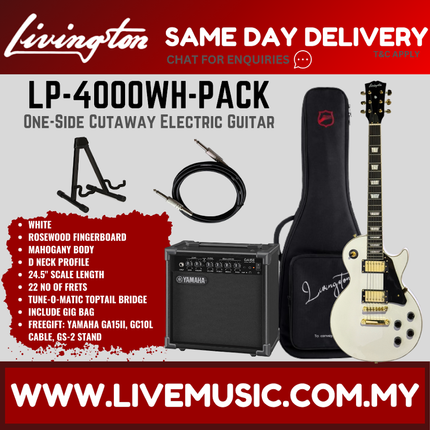 White one-side cutaway electric guitar set with gig bag, amplifier and patch cable
