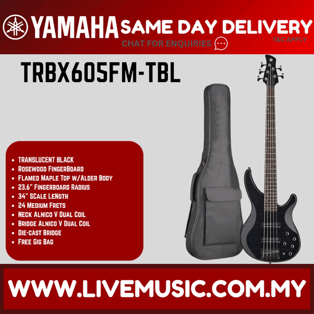 Yamaha TRBX605FM 5-string Electric Bass Guitar - Translucent Black ( TRBX 605FM / TRBX-605FM )
