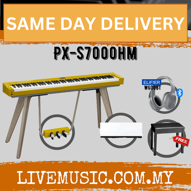 Mustard digital piano keyboard with stand and matching bench, plus over-ear headphones