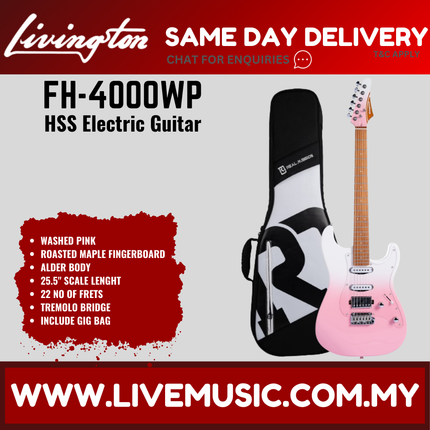 Livingston FH-4000 Stratocaster HSS Electric Guitar w/GA15II Amplifier, Roasted Maple Fretboard / Rosewood Fretboard  -Washed Pink ( FH4000 FH 4000 )