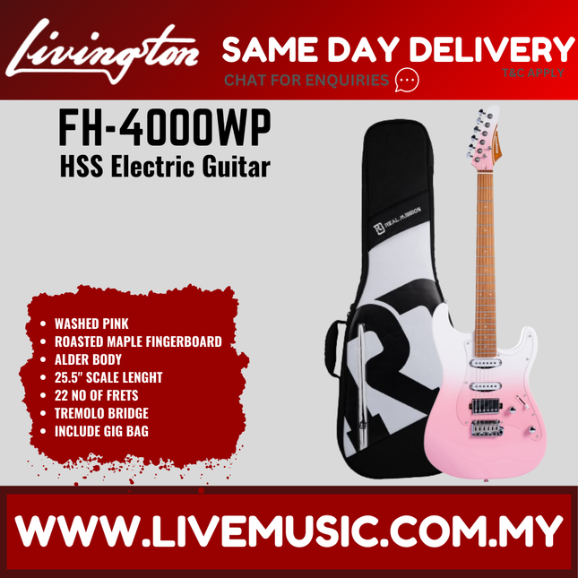 Livingston FH-4000 Stratocaster HSS Electric Guitar w/GA15II Amplifier, Roasted Maple Fretboard / Rosewood Fretboard  -Washed Pink ( FH4000 FH 4000 )