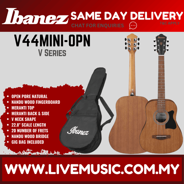 Ibanez V44MINI-OPN V Series 3/4 Size Acoustic Guitar, Open Pore Natural ( V44MINI OPN / V44MINIOPN )