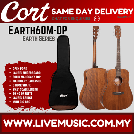 Cort Earth-60M Dreadnought Solid Top Acoustic Guitar With Bag - Open Pore  ( Earth60M Earth 60M )