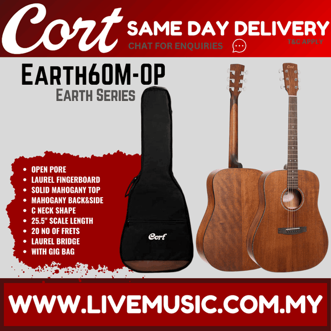 Dreadnought acoustic guitar in natural wood with black gig bag, headstock and body shown