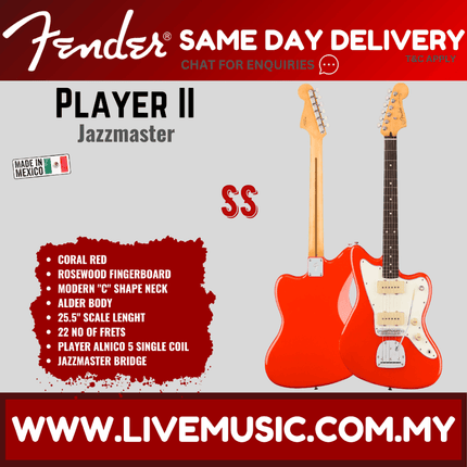 Fender Player II Jazzmaster Electric Guitar, RW FB - Coral Red