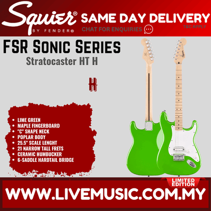 Squier FSR Sonic Stratocaster HT H Electric Guitar, Maple FB, Lime Green