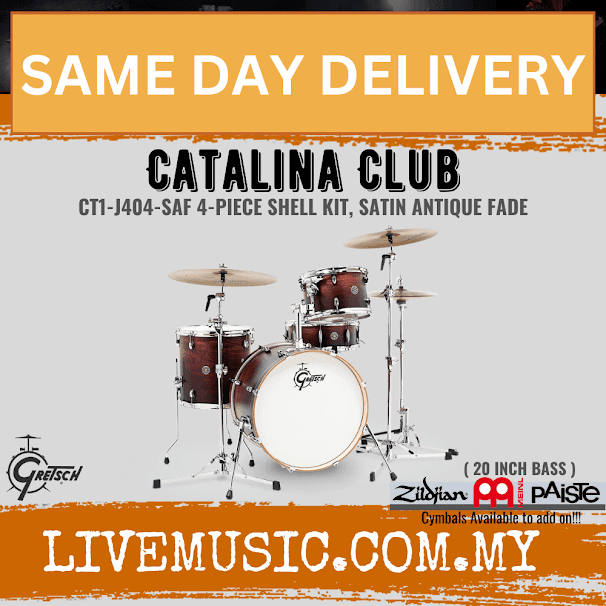 4-piece drum shell kit with satin antique fade finish and mounted toms, bass drum