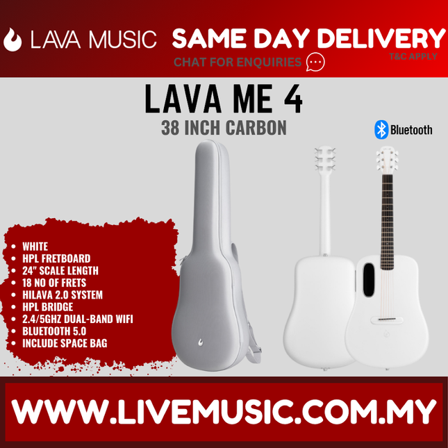 Lava Me 4 38" Carbon Fiber Smart Acoustic Electric Guitar With Touchscreen Effects And Space Bag-White