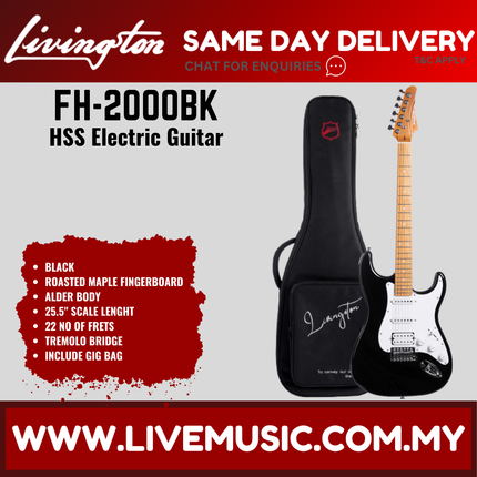 Black HSS electric guitar with roasted maple fretboard and white pickguard, in black case