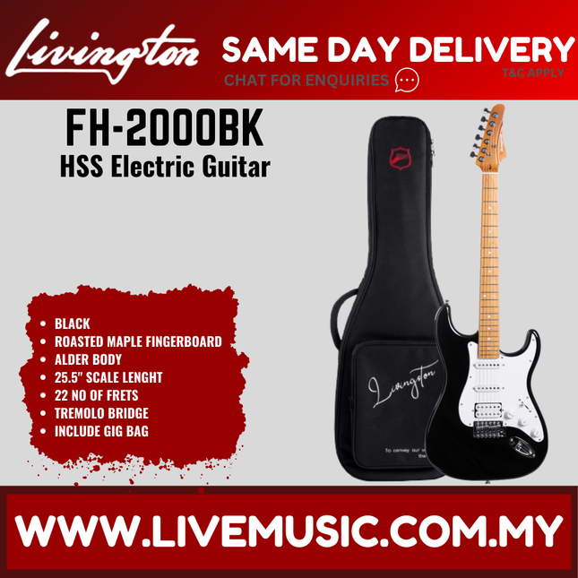 Black HSS electric guitar with roasted maple fretboard and white pickguard, in black case