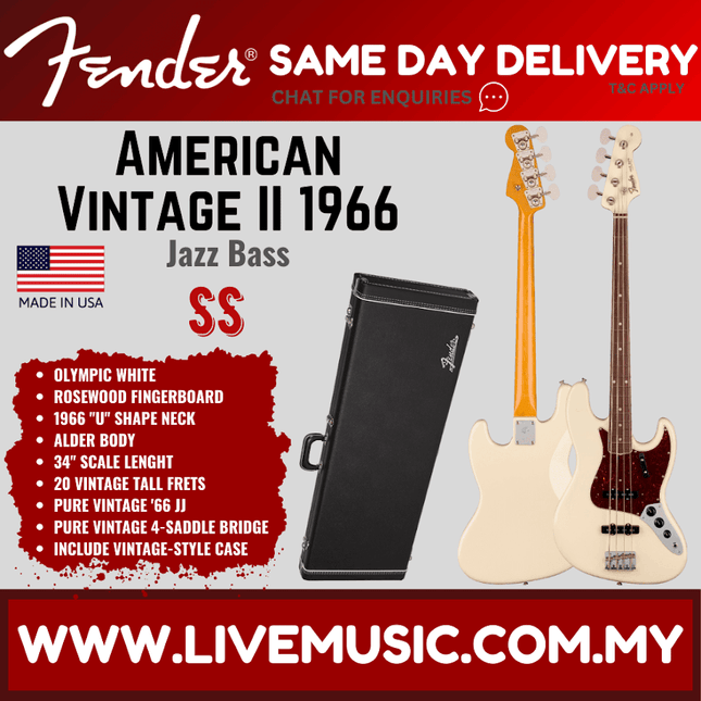 Fender American Vintage II 66 Jazz Bass guitar, Olympic White, rosewood fingerboard
