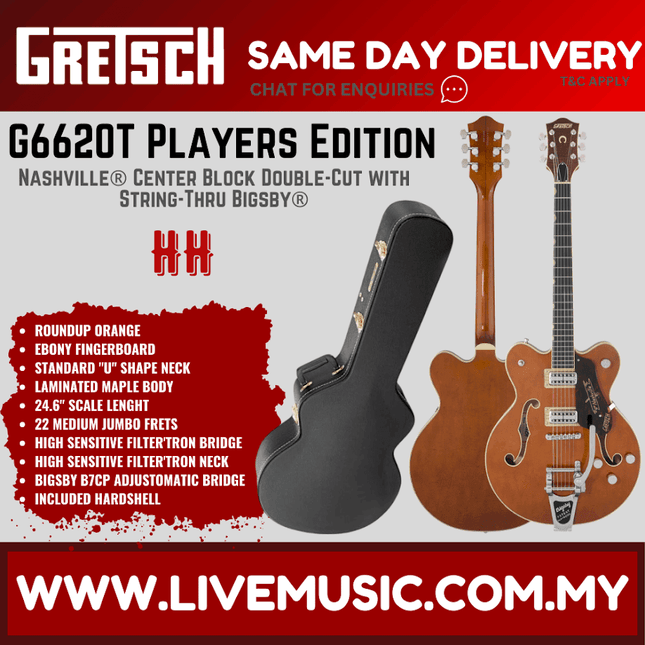 Gretsch G6620T Players Edition Nashville Centre Block Double-Cut Guitar w/String-Thru Bigsby, Round-Up Orange