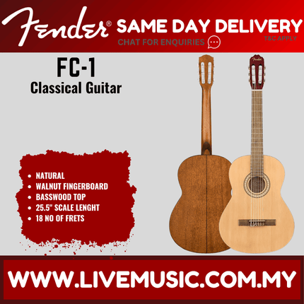 Fender FC-1 Classical Guitar, Walnut FB, Natural ( FC1 / FC 1 )