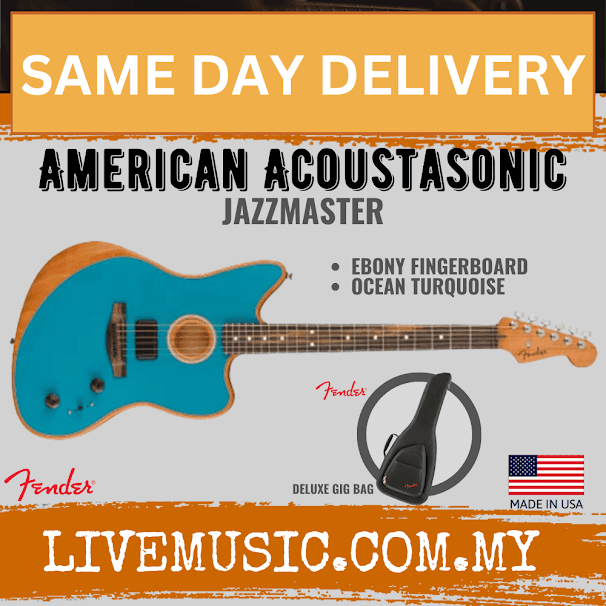Same day delivery banner with American Acoustasonic Jazzmaster guitar and key specs