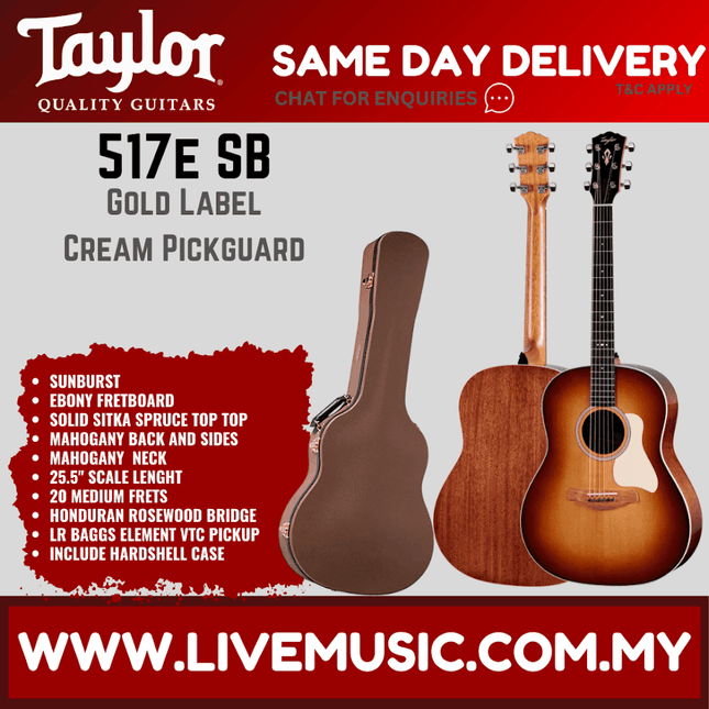 Mahogany acoustic guitar with cream pickguard, Taylor Gold Label-style 517E SB