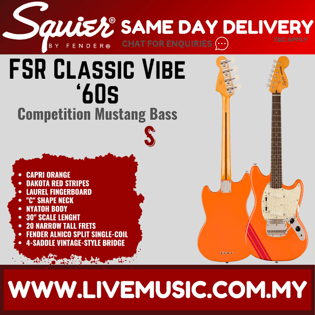 Squier FSR Classic Vibe 60s Competition Mustang Bass Guitar w/ Dakota Red Stripes, Capri Orange