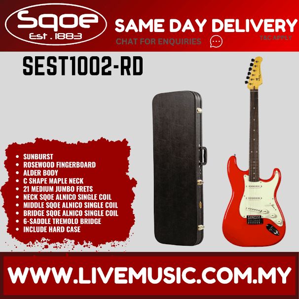 SQOE SEST1002 Stratocaster Custom SSS Electric Guitar w/Hardcase, Rosewood FB - Red ( SEST-1002 / SEST 1002 )