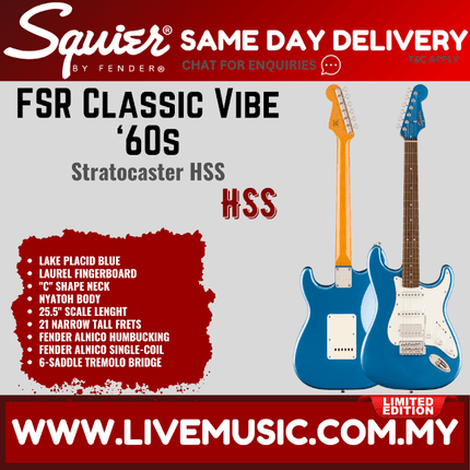 Squier Limited Edition Classic Vibe 60s Stratocaster HSS Electric Guitar, Laurel FB, Lake Placid Blue