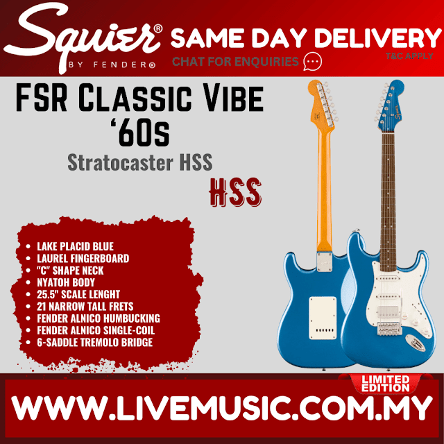 Squier Limited Edition Classic Vibe 60s Stratocaster HSS Electric Guitar, Laurel FB, Lake Placid Blue