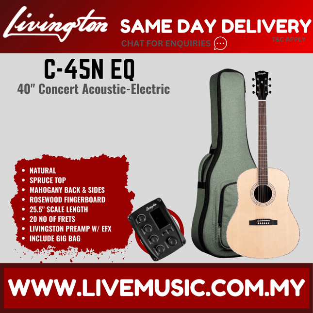 Concert acoustic-electric guitar with EQ, natural wood finish, rosewood fingerboard, gig bag