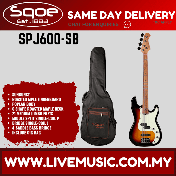 SQOE SJB600 4-String Electric Bass Guitar With Gig Bag Roasted Maple FB - Sunburst ( JB-600 / JB 600 )