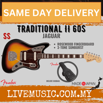 Fender Japan Traditional II 60S Jaguar Electric Guitar, RW FB, 3-Tone Sunburst