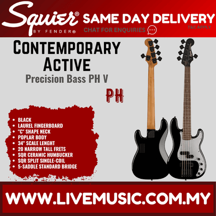 Squier Contemporary 5-String Active Precision Bass PH V Bass Guitar, Laurel FB,Black