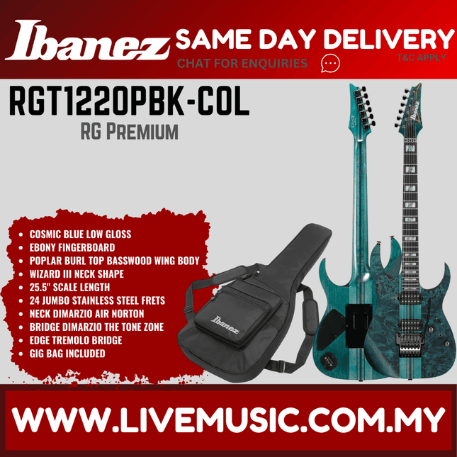 Ibanez RGT1220PBK-COL RG Premium Series Electric Guitar, Cosmic Blue Low Gloss (RGT1220PBK COL/RGT1220PBKCOL)