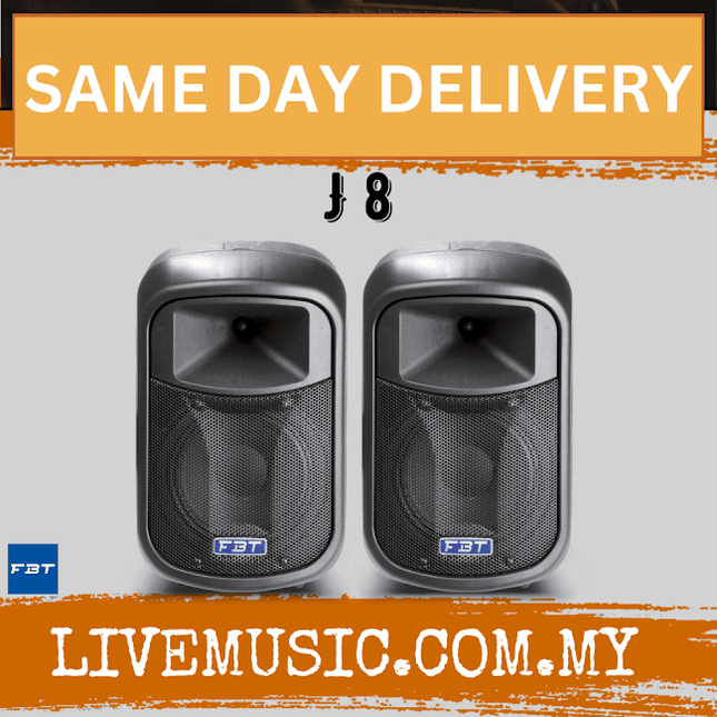 Pair of black passive loudspeakers with horn top and front grille, FBT J8