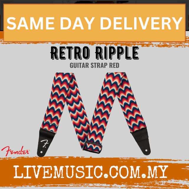 Fender Retro Ripple guitar strap, wavy red/blue pattern with black end tabs