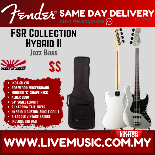 Fender FSR Collection Hybrid II Jazz Bass Guitar, RW FB, Inca Silver