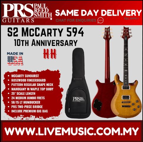 PRS S2 McCarty 594 electric guitar, sunburst finish with two humbuckers and neck binding
