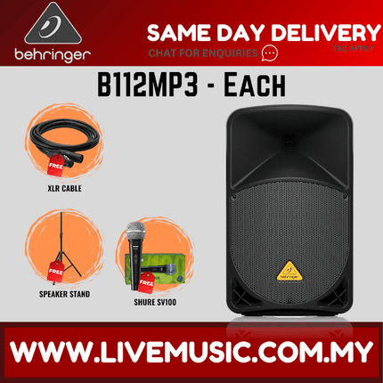Behringer Eurolive B112MP3 1000W 12" Powered Speaker w/UG-88HH Wireless Mic, Speaker Stand and Cable - Pair ( B-112MP3 / B 112MP3 )
