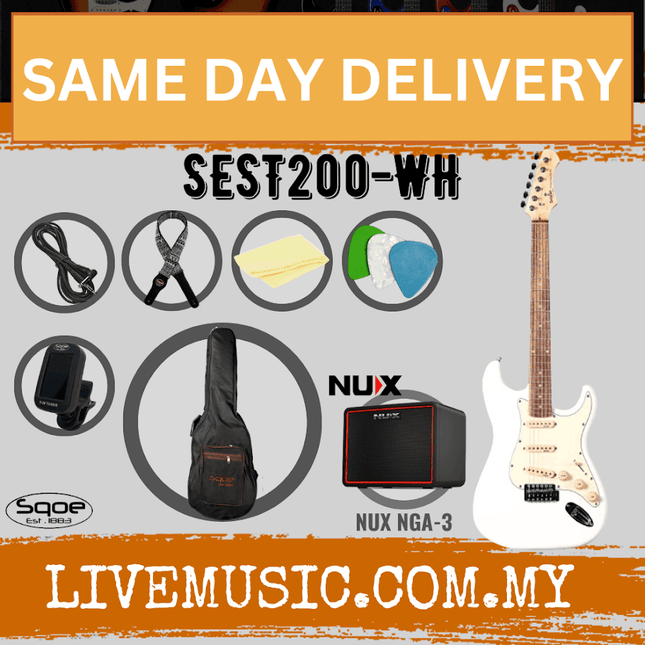 SQOE SEST200 Stratocaster SSS 6-String Electric Guitar with NUX Mighty Lite - White ( SEST 200 / SEST-200 / NGA-3 / NGA3 )