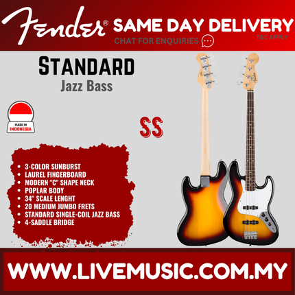 Fender Standard Jazz Bass Guitar, Laurel FB, 3-Tone Sunburst
