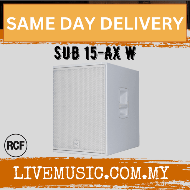 White active subwoofer speaker with front mesh grille and recessed handle